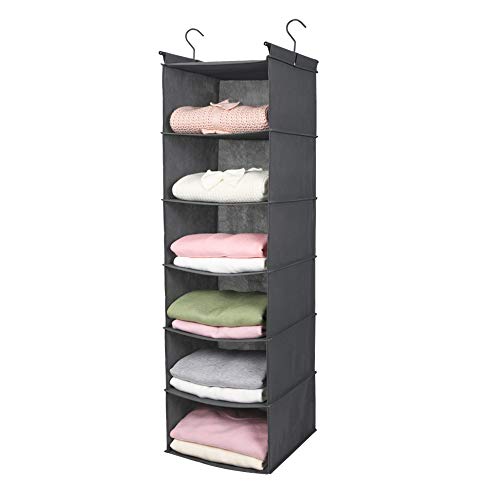 Book Cover MAX Houser 6 Tier Shelf Hanging Closet Organizer, Closet Hanging Shelf with 2 Sturdy Hooks for Storage, Foldable (Grey)