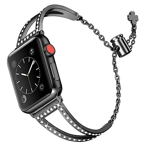 Secbolt Bling Bands Compatible with Apple Watch Band 38mm 40mm 41mm iWatch Series 8/7/6/5/4/3/2/1/SE, Women Dressy Metal Jewelry Bracelet Bangle Wristband Stainless Steel, Black