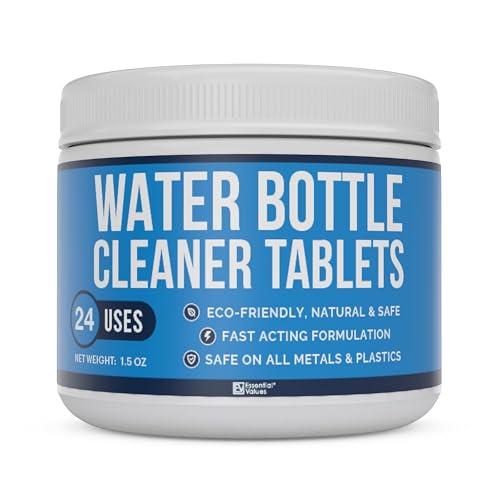 Essential Values Water Bottle Cleaner - Water Bottle Cleaning Tablets & Reservoir Bladder Cleaner Tabs (24 Tablets) - Tumbler Dispenser Hydration Pack Washer - Manufactured in USA