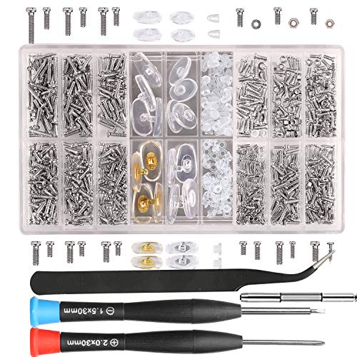 bayite Eye Glass Repairing Eyeglass Sunglass Repair Kit with Nose Pads (4 Types, 8 Pairs) Screws Tweezers Screwdriver 21 Types 1000Pcs Assortment Screws for Watch