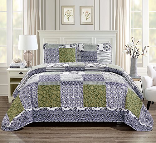 Book Cover King/California King 3pc Quilted Bedspread Set Oversized Coverlet Floral Patchwork Zig Zag Stripes Blue Purple Green White New