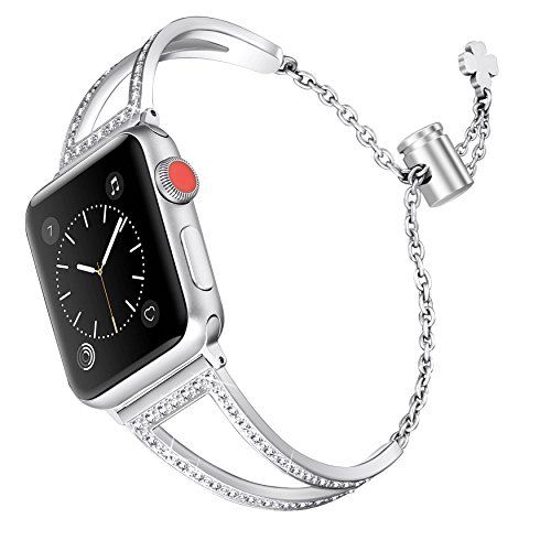 Secbolt Bling Bands Compatible with Apple Watch Band 38mm 40mm 41mm 42mm iWatch Series 10/9/SE/8/7/6/5/4/3/2/1, Women Dressy Metal Jewelry Bracelet Bangle Wristband Stainless Steel, Silver