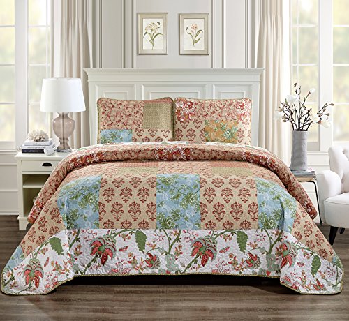 Book Cover Quilted Bedspread Set Oversized Coverlet Floral Patchwork Beige Rust Light Blue Green White New (King/Cal King)