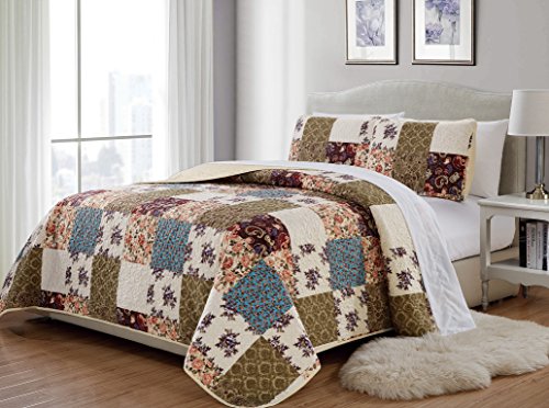 Book Cover Quilted Bedspread Set Oversized Coverlet Floral Beige Green Blue New (King/Cal King)