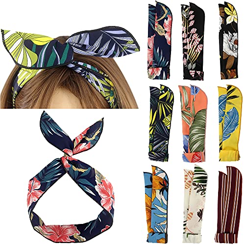 Yeshan Fashion Twist Bow Wire Leaf designs Vintage Headbands Headwrap Boho Floral Printed Rabbit ear Wire Hairbands Hair Holder Hair Accessory for Women and Girls,Pack of 9
