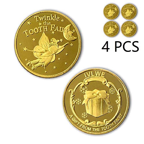 Book Cover IVLWE Tooth Fairy Coin [4pcs] Tooth Fairy Golden Coin Experience for Lost Tooth Kids-NO Fading
