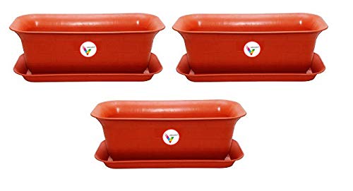 VINSHRA Deepak Plastic Terracotta Rectangular Planter with Bottom Tray (20 inch) -Set of 3