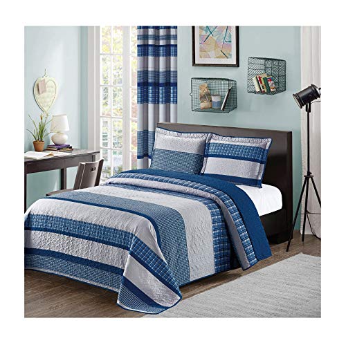 Book Cover Blue and Gray Modern Plaid 3-Piece Queen Bedspread and Pillow Sham Set | Matching Curtains Available!