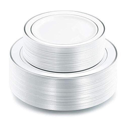 I00000 102pcs Silver Plastic Plates, Disposable Plastic Party Plates with White Silver Rim Fancy Wedding Party Plates Include 51 Dinner Plates 10.25" and 51 Dessert Appetizer Plates 7.5"