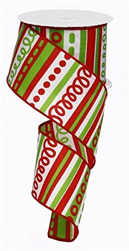 Loopy Stripes Christmas Wired Edge Ribbon - 10 Yards (White, Red, Lime, 2.5")