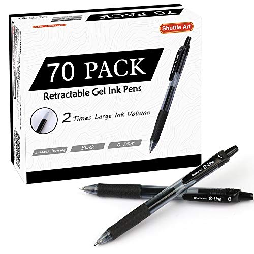 Black Gel Pens, 70 Pack Shuttle Art Retractable Medium Point Rollerball Gel Ink Pens Smooth Writing with Comfortable Grip for Office School Home Work