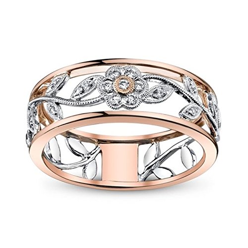 Zhx Exquisite Women's 925 Sterling Silver Floral Ring Proposal Gift Two Tone Diamond Jewelry 18K Rose Gold Vine Flower Bridal Engagement Rings Wedding Band Size 6-10 (9)