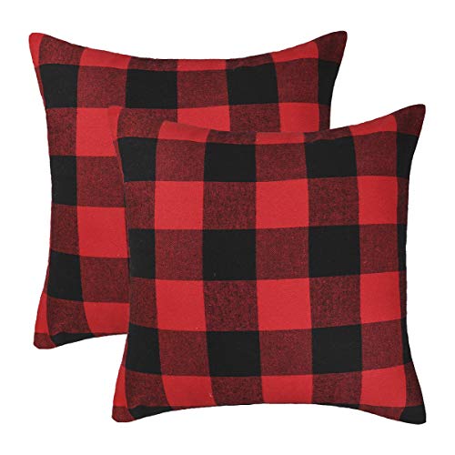 Book Cover 4TH Emotion Set of 2 Christmas Buffalo Check Plaid Throw Pillow Covers Cushion Case Polyester for Farmhouse Home Decor Red and Black, 18 x 18 Inches