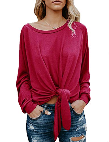 Women's Long Sleeve Front Knot Tunic Shirts Off The Shoulder Tee Tops(S, Red)