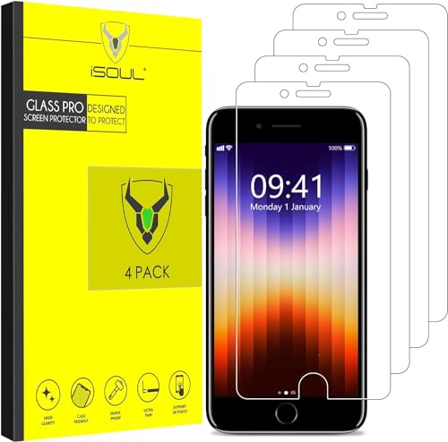 [4 Pack] Screen Protector for iPhone SE 3/2 (2022/2020) iPhone 8 iPhone 7 iPhone 6s/6 Tempered Glass Film 9H HD, iSOUL 2.5D Edge 4.7 inch [3D Touch] [Compatible with Apple SE iPhone 2nd 3rd Gen]
