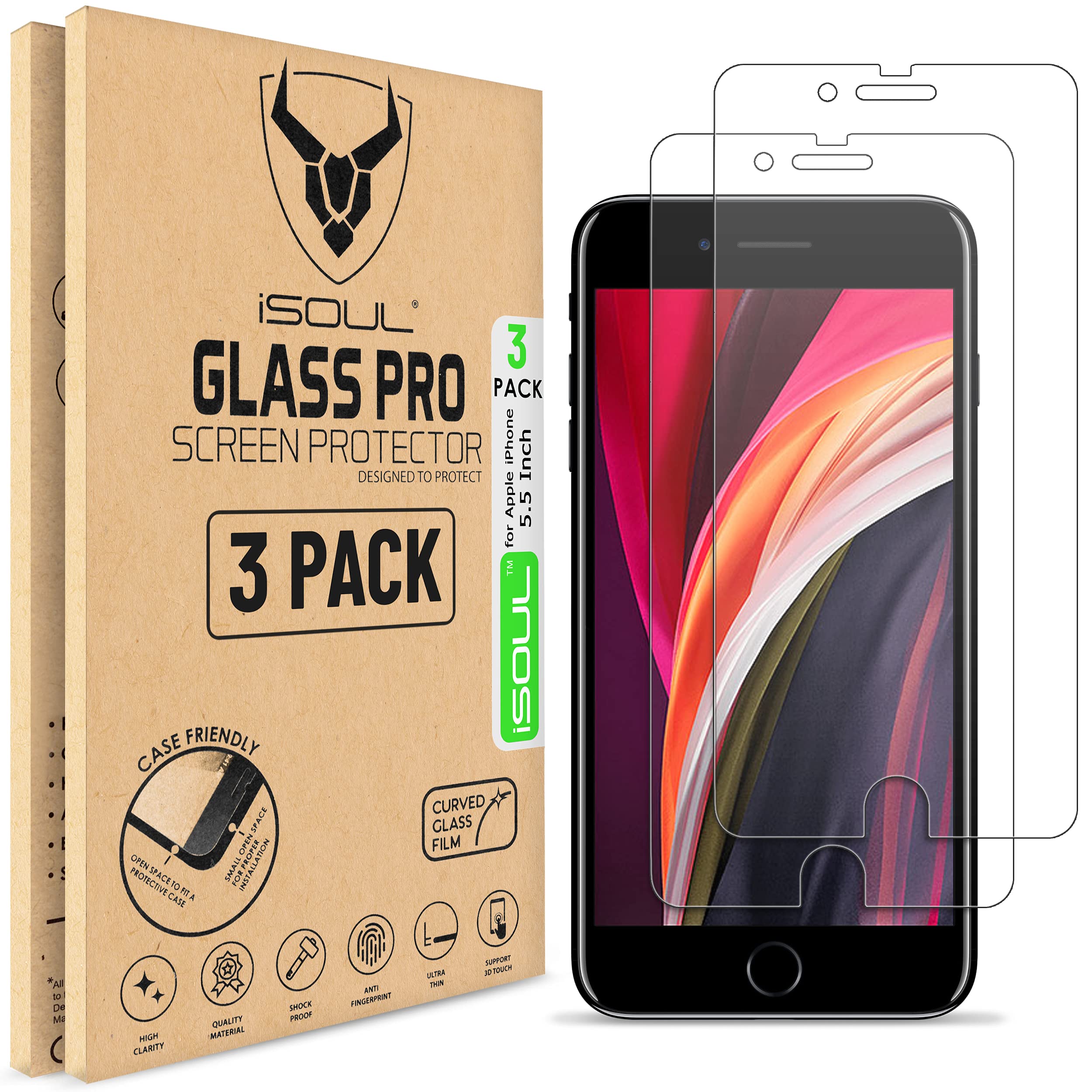 iSOUL [3 Pack] Screen Protector for iPhone 8 Plus iPhone 7 Plus Tempered Glass Film 9H HD, 2.5D Edge 5.5 inch [3D Touch] [Anti-Scratch] [Compatible with Apple iPhone 6s/6 Plus]