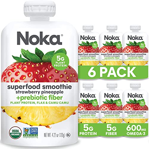 Book Cover Noka Superfood Smoothie Pouches (Strawberry Pineapple) 6 Pack, with Plant Protein, Prebiotic Fiber & Flax Seed, Organic, Gluten Free, Vegan, Healthy Fruit Squeeze Snack Pack, 4.22oz Ea