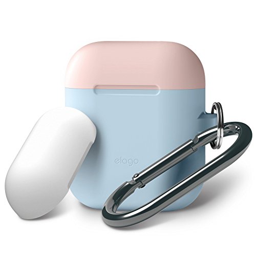 elago AirPods Duo Hang Case [Body:Pastel Blue/TOP:Lovely Pink, White] - [Compatible with Apple AirPods 1 & 2; Front LED Not Visible][Supports Wireless Charging][Carabiner] - for AirPods 1 & 2