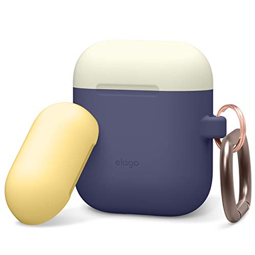 Book Cover elago Duo Hang Case Compatible with Apple AirPods Case 1 & 2, Carabiner Included, Supports Wireless Charging, 2 Color Caps + 1Body [Classic White, Creamy Yellow + Jean Indigo]