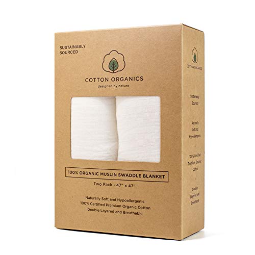 Cotton Organics Muslin Swaddle Blankets - Extra Soft and Hypoallergenic Organic Cotton - Pack of 2