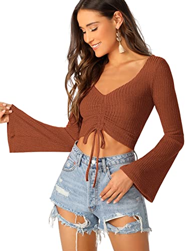 SweatyRocks Women's Adjustable Drawstring String Long Bell Sleeve Rib Knit Sexy Crop Top
