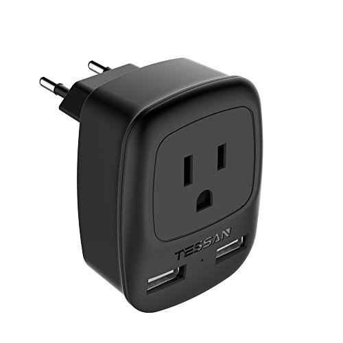 TESSAN USA to Most of Europe Travel Plug Adapter with Dual USB Fast Charging Port (2.4A) - Europlug Type C Prong Adapter (Black)