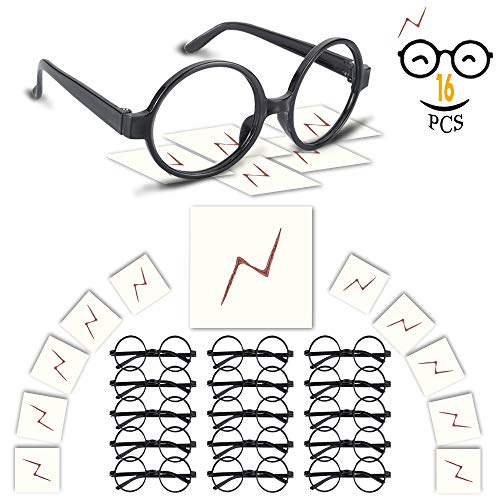 YoHold Wizard Glasses with Round Frame No Lenses and Lightning Bolt Tattoos for Kids Halloween, St Patrick's Day Costume Party, 16 Pack of Each, Black