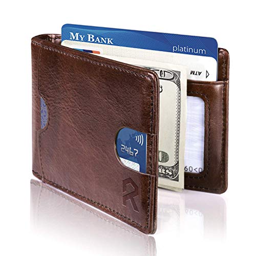 REYLEO Bifold Wallets Front Pocket Minimalist Leather Slim Wallet RFID Blocking Genuine Leather Wallets Card Case with Money Clip Brown