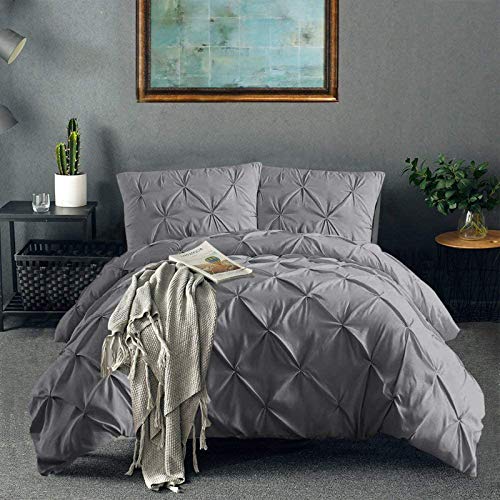 Book Cover Vailge 3 Piece Pinch Pleated Duvet Cover with Zipper Closure, 100% 120gsm Microfiber Pintuck Duvet Cover, Luxurious Pintuck Decorative(Grey, King)