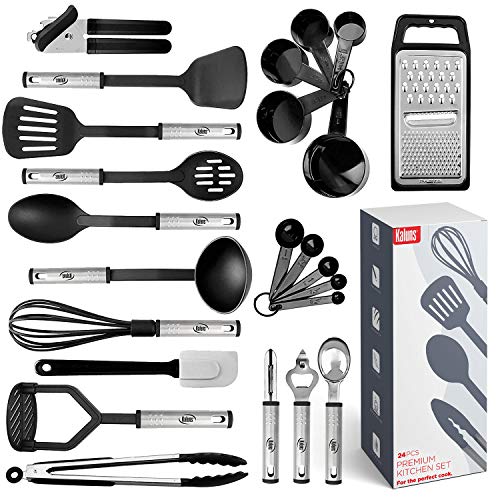 Book Cover Kitchen Utensil Set 24 Nylon and Stainless Steel Utensil Set, Non-Stick and Heat Resistant Cooking Utensils Set, Kitchen Tools, Useful Pots and Pans Accessories and Kitchen Gadgets (Black)
