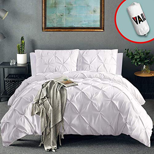 Book Cover Vailge 3 Piece Pinch Pleated Duvet Cover with Zipper Closure, 100% 120gsm Microfiber Pintuck Duvet Cover, Luxurious & Hypoallergenic Pintuck Decorative(White, Queen)