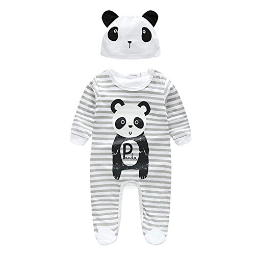 Book Cover Newborn Infant Baby Boy Girl Outfits Cute Animal Print Stripe Long Sleeve Bodysuit+ Panda Hat Clothes Set (White, 0-3 Months)