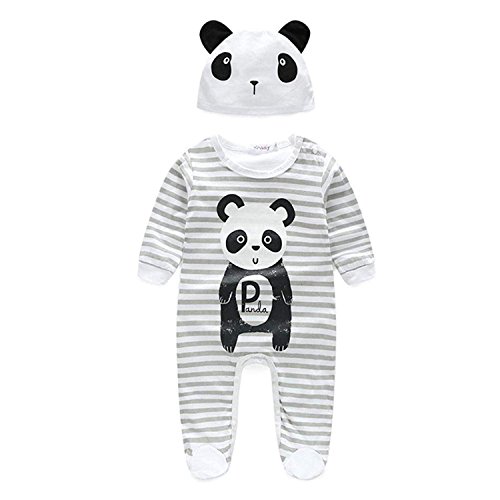 Newborn Infant Baby Boy Girl Outfits Cute Animal Print Stripe Long Sleeve Bodysuit+ Panda Hat Clothes Set (White, 0-3 Months)