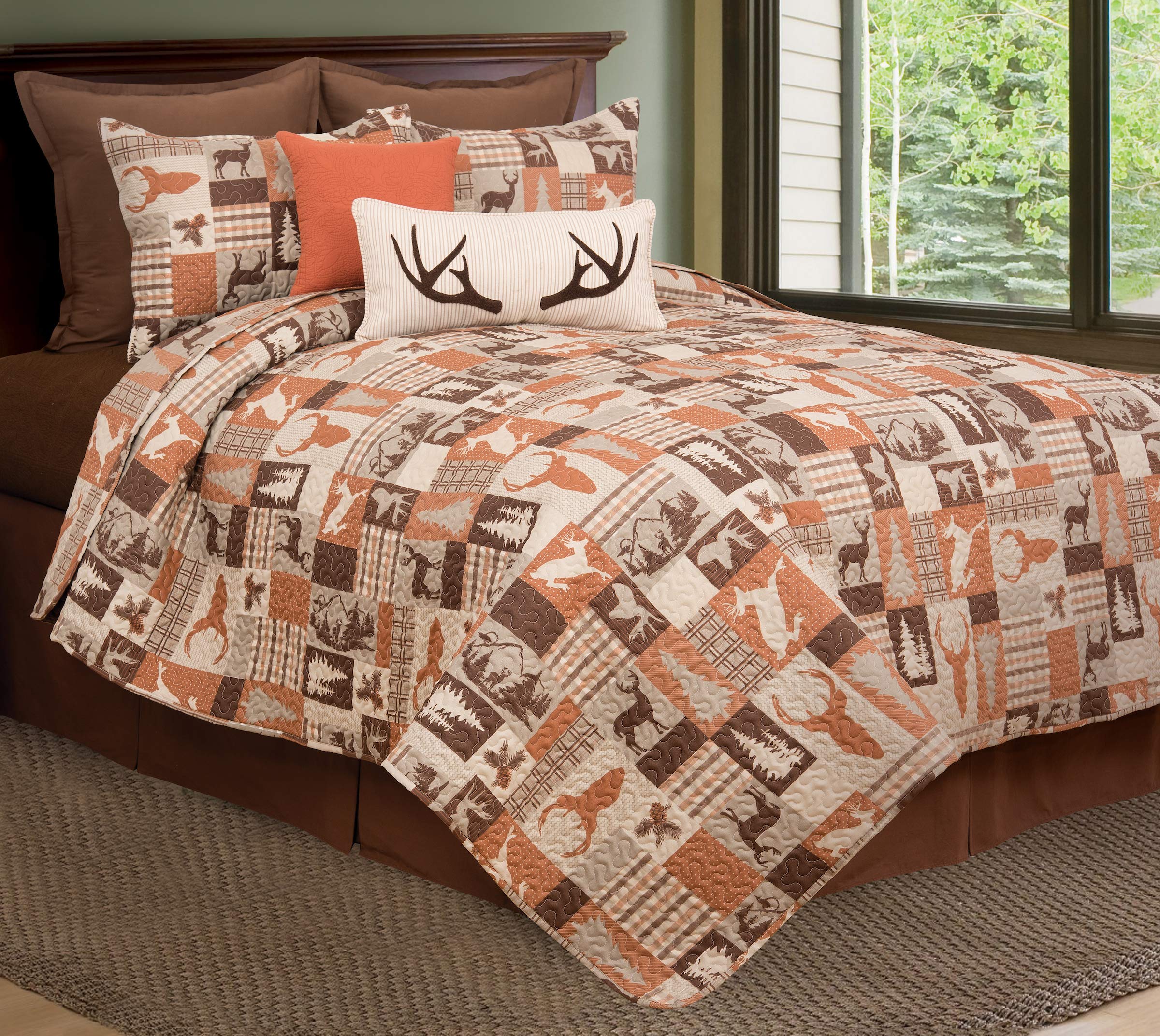 Book Cover C&F Home Rustic Buck Ridge Trail Cabin Lodge Deer Stag Pinecone Orange Brown Tan Twin 2 Piece Reversible Quilt Coverlet Set Twin 2 Piece Set Brown