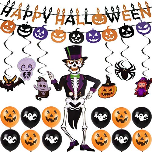 Halloween Party Decorations | Large Party Supplies Pack including Hanging Skeleton Props, Photo Props, Balloons, Banners and Tassels