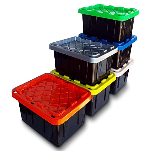 SAFARI USA 5 gallon Heavy Duty Storage Box/Tote With Lids (6 Pack, MADE IN THE USA, 20 Quart, 16"x12"X8.5") Strong & Stackable Plastic Storage Bins for Under Bed, Garage, Home, Beach, Clothes & More!