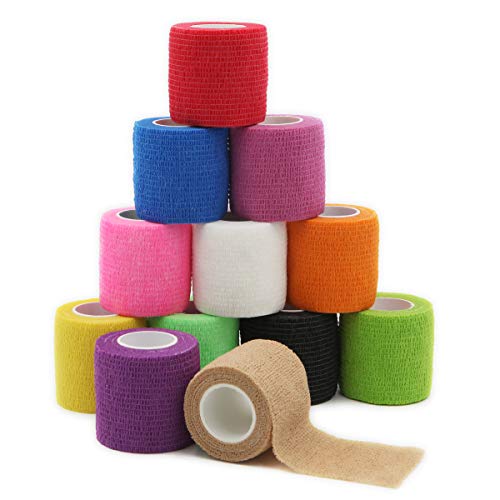 First Aid Self Adherent Cohesive Bandages, First Aid Tape Cohesive Wrap Bandage, Colorful Bandages(2 inches x 5 Yards,12 Packs,Colorful)