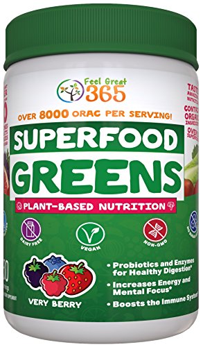 Superfood Vital Greens Juice Powder - Very Berry by Feel Great 365, Doctor Formulated with Organic Ingredients, Vitamins, Minerals, Vegan, Whole Food Supplement - Fruits, Veggies and Probiotics