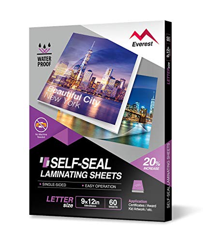 Everest Self Adhesive Laminating Sheets, Single Sided, Waterproof, Removable Adhesive Within 24 Hours, 9 x 12 Inches, 60 Clear Self Seal Laminating Sheets, Letter Size