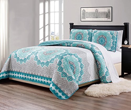 Book Cover Linen Plus King/California King 3pc Over Size Quilted Bedspread Floral Medallion Turquoise Teal Aqua Coastal Plain/Gray Green New