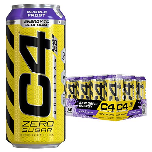 Cellucor C4 Original Carbonated Zero Sugar Energy Drink, Pre Workout Drink + Beta Alanine, Purple Frost, 16 Fl. Oz (Pack of 12)