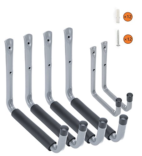 Heavy Duty 9" Large Arm Garage Storage Hanging Hooks with EVA Protector by Ihometech, Wall Mount Garage Hangers & Organizer for Ladders,Tools,Bikes and Chair Hose | (6 Pack - Gray)