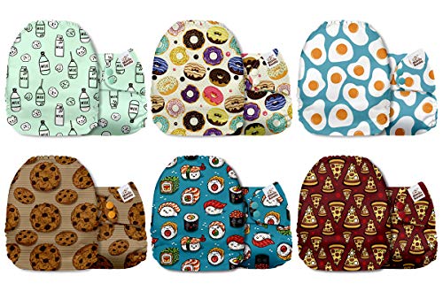 Mama Koala One Size Baby Washable Reusable Pocket Cloth Diapers, 6 Pack with 6 One Size Microfiber Inserts (Nom Nom Time)