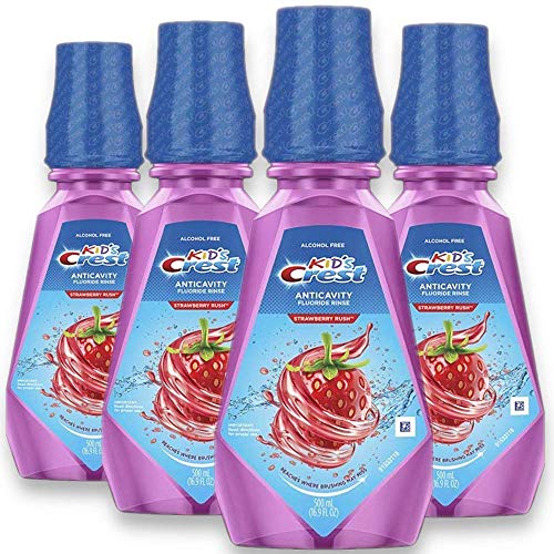 Book Cover Crest Kid's Anti Cavity Alcohol Free Fluoride Rinse, Strawberry Rush, 16.9 fl oz. (Pack of 4)