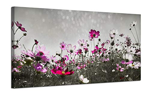 Book Cover Canvas Wall Art Flower Colorful Painting Prints One Panel Large Size Landscape Picture, Grey Flash Sky Modern Nature Pink Wildflowers Artwork Framed for Living Room Bedroom Kitchen Home Office Decor