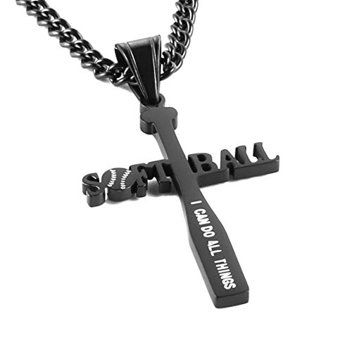 Book Cover HZMAN Softball Bat Cross Pendant, I CAN DO ALL THINGS STRENGTH Bible Verse Stainless Steel Necklace