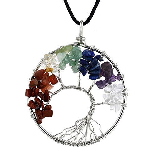 AUWU Women Handmade Natural Crystal Stone Lucky Life Tree Pendant Necklace Ladies Multicolor Wisdom Tree Leather Chain