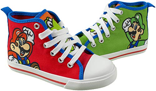 Book Cover Super Mario Brothers Mario and Luigi Kids Shoe, Nintendo Hi Top Tennis Shoes Sneaker with Laces,Toddlers and Kids, size 7 to 3