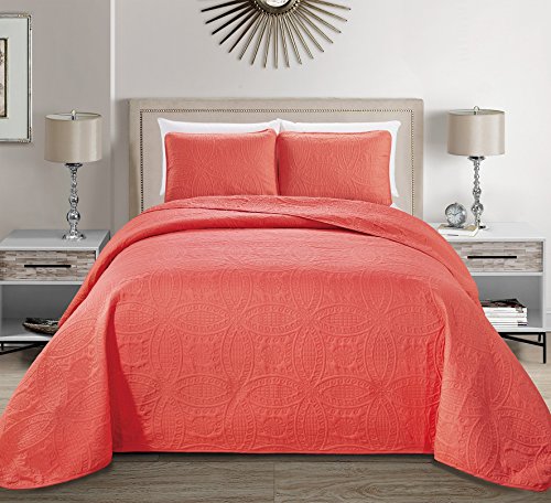 MK Home Mk Collection Solid Embossed Bedspread Bed Cover Over Size (Coral, Full/Queen (100-Inch-by-106-Inch))