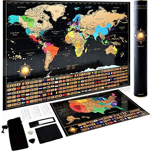 Scratch Off World Map Poster + Deluxe United States Map â€“Includes Complete Accessories Set & All Country Flags â€“ Premium Wall Art Gift for Travelers